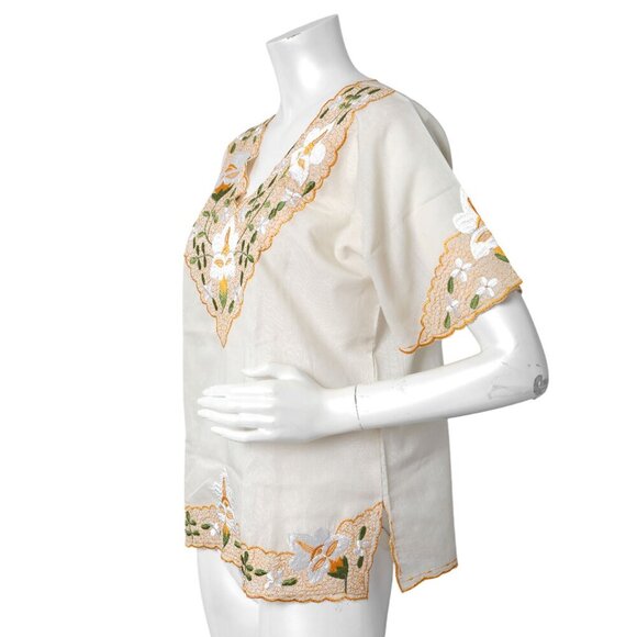 Vintage Ethnic Floral Embroidered Top Short Sleeve Shirt Mexico Yellow Cream - Picture 4 of 10